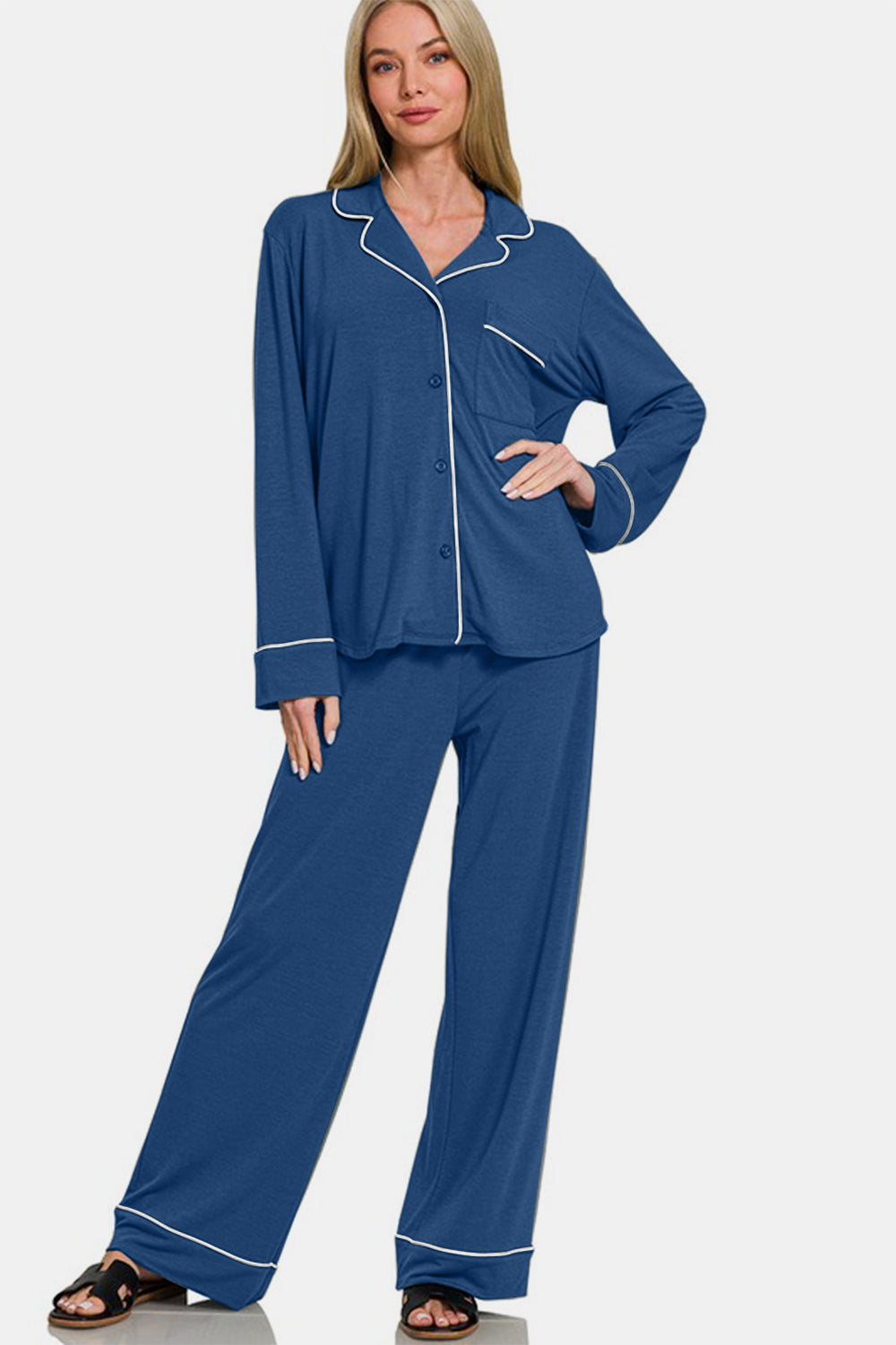 Zenana Lounge Set Collared Shirt Long Sleeve Top and Pants 2 Pcs Sleepwear