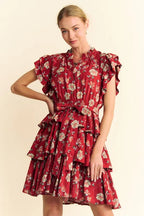 Davi & Dani Ruffle Mini Dress Rust Floral Flutter Short Sleeve Tie Belt Tiered 4d8d77558b18494d9e29ed47410e8827-Max-Origin Trendsi