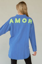 Davi & Dani USA Blue Shirt AMOR Letter Cotton Back Raw Hem Half Button 4d8d902a-772d-4cb3-96ad-178f93579bec-Max Trendsi