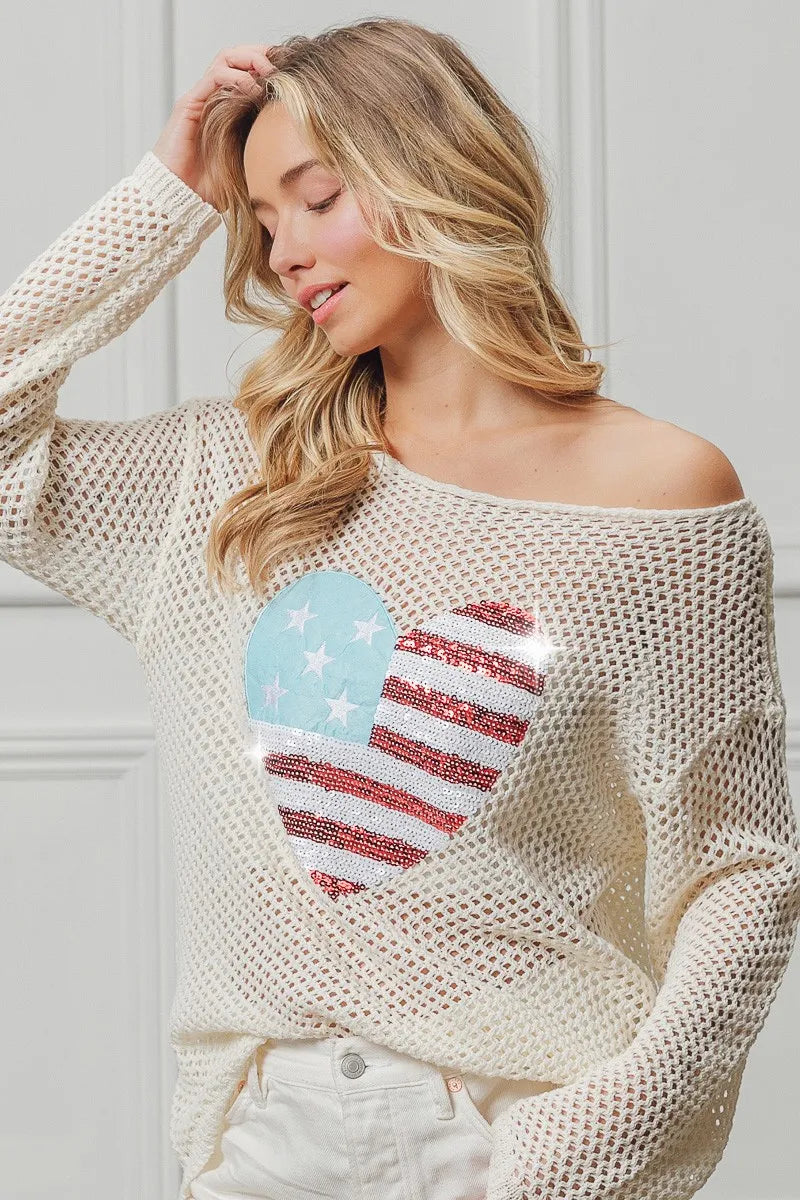 BiBi Knit Top Sequin American Flag Heart Up Embroidered Long Sleeve 4d91034d7fa740c4a444c416e51866a1-Max-Origin Trendsi