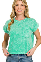 Zenana Halo Snow Washed Cotton Cuffed Short Sleeve Top