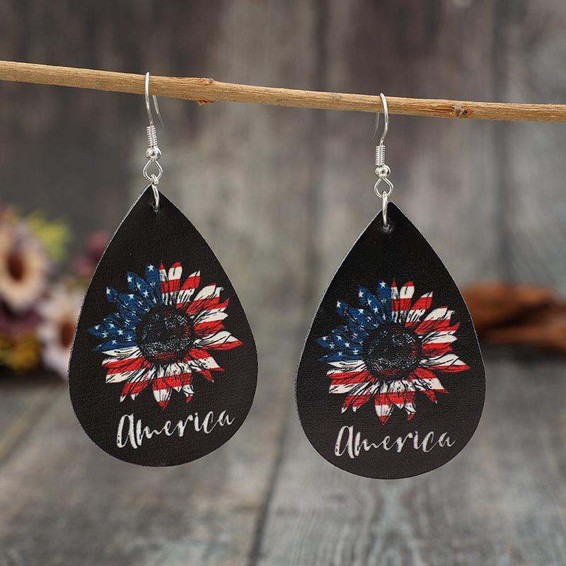 Earrings USA Flower Print PU Leather Sunflower Teardrop Shape Black One Size 4d955894-7b5c-4e95-b5bb-727e050101ef-Max Trendsi