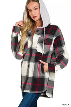 Zenana Womens Plaid Fleece Shacket Black Drawstring Hood Long Sleeve 4da2435c156f4173a87f94cf1acbae78-Max-Origin Trendsi
