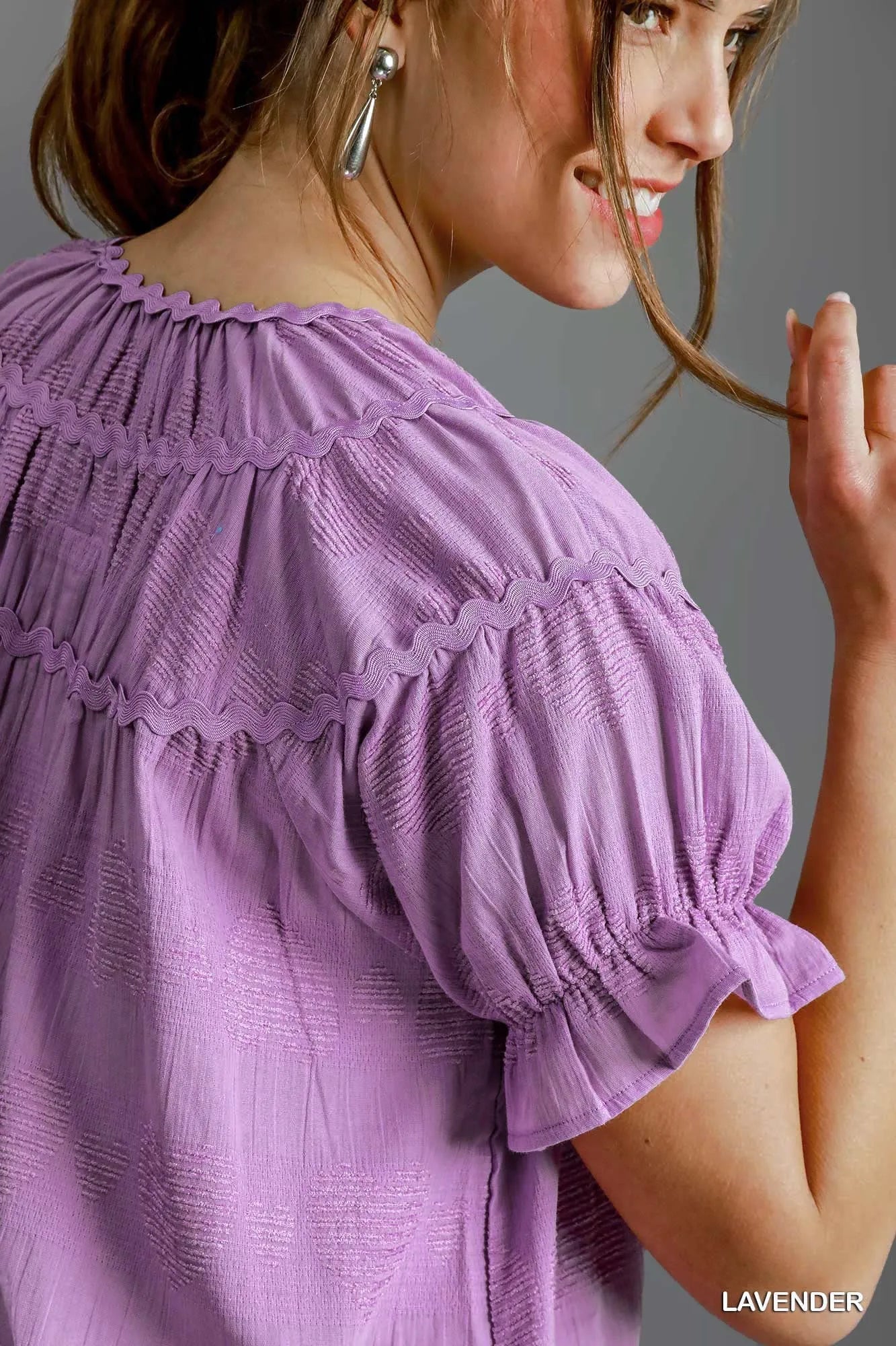 Umgee Babydoll Dress Heart Pattern Lavender Short Sleeve Ruffle Tiered 4da6a10a-53f8-4824-8c90-4f7c397b14d3-Max-Origin Trendsi