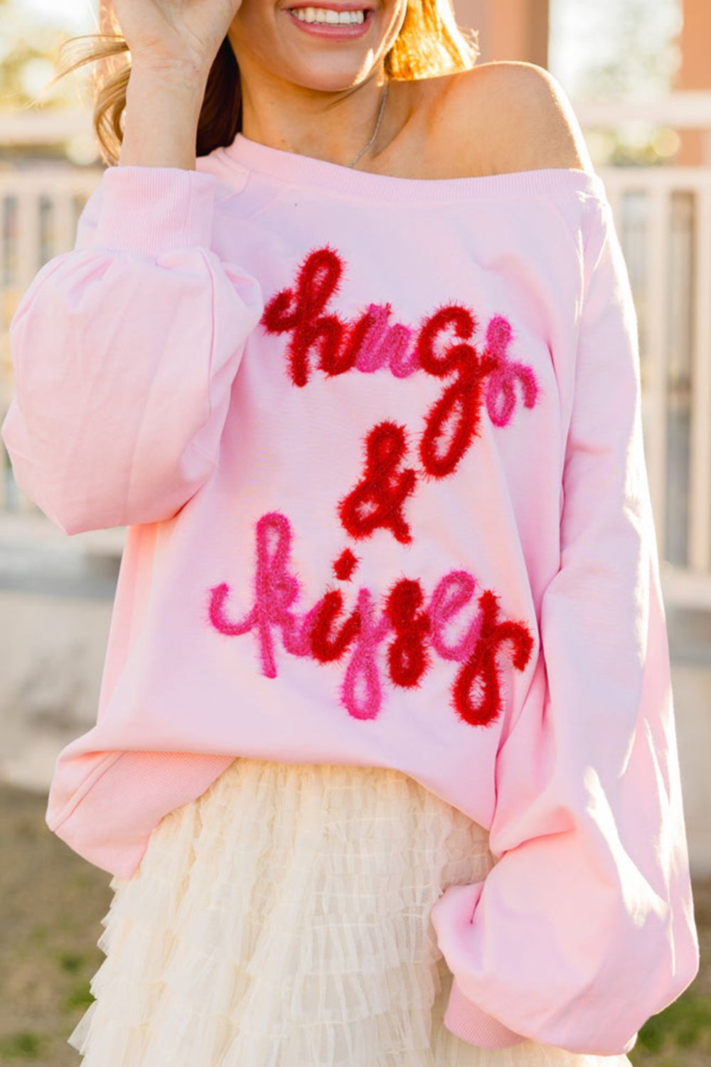 Valentine’s Day Pink Sweatshirt HUG AND KISSES Embroidery Round Neck Tops 4daaada1-b18d-4bc4-a583-fdd05645d0ed-Max Trendsi