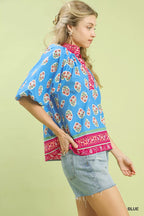 Umgee Womens Blouse Blue Boho Border Print Peasant Short Sleeve Top 4db78c78-5c00-4cac-a392-e122d55e0f74-Max-Origin Trendsi