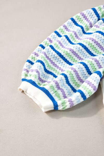 White Knit Top Crochet Striped Puff Short Sleeve Round Neck Sweater 4dbb2d19-edb4-40c2-bd4d-6ade2c08776a-Min Trendsi