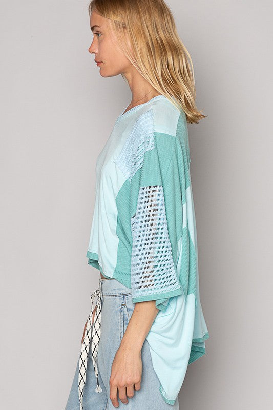 POL V Neck Blouse Mint Blue High-Low Contrast Long Sleeve Openwork Tops