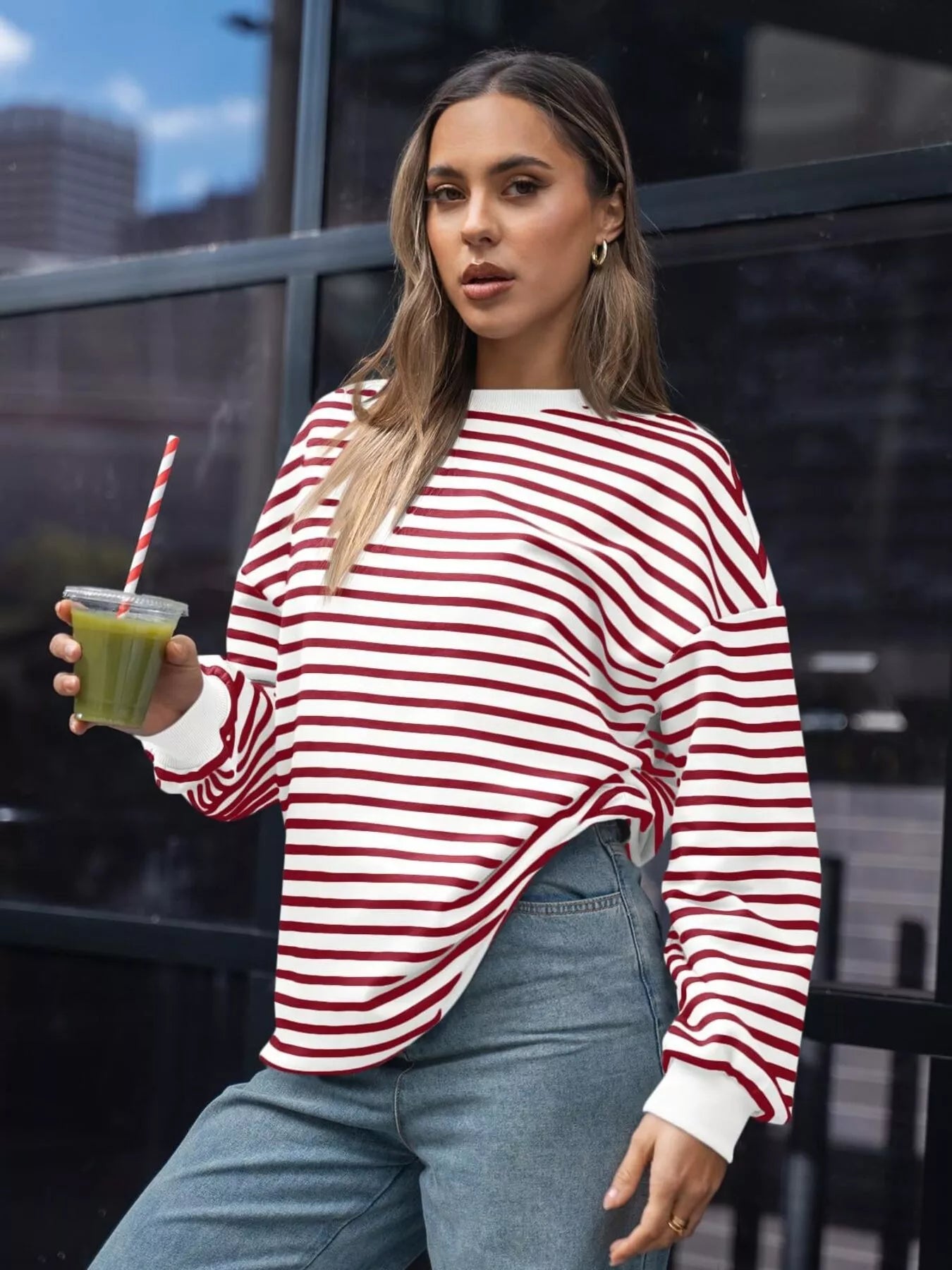 Women's Sweatshirt Striped Round Neck Oversized Casual Pullover 4dc54ac7ba6c4bf78579b0f19fa4c525-Max-Origin Trendsi