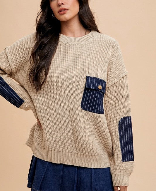 Annie Wear Sweater Contrast Round Neck Long Sleeve with Patch Pocket