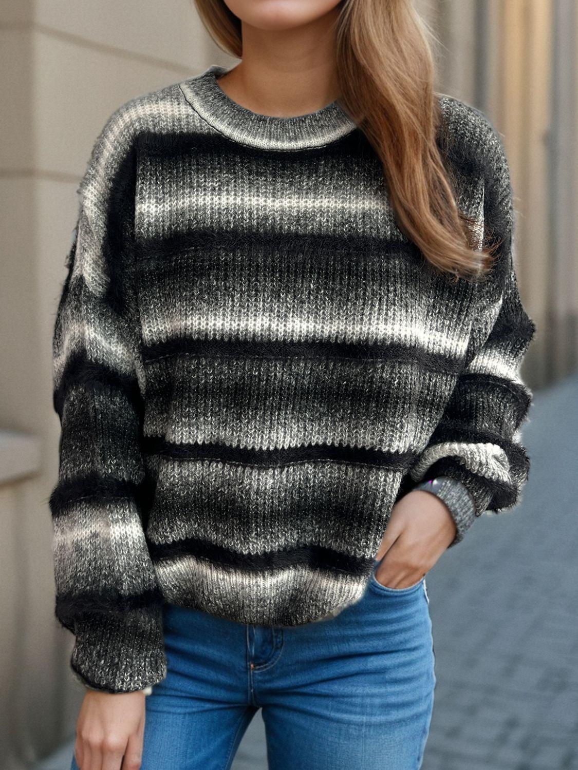 Gradient Striped Sweater Round Neck Dropped Shoulder Pullover