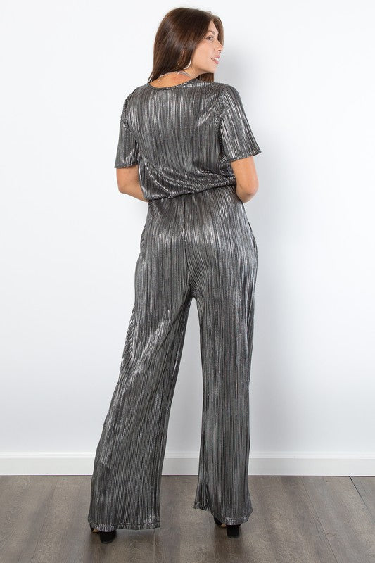 Be Stage Surplice Silver Foil Jumpsuit Short Sleeve Pleated V Neck Pocketed Overall