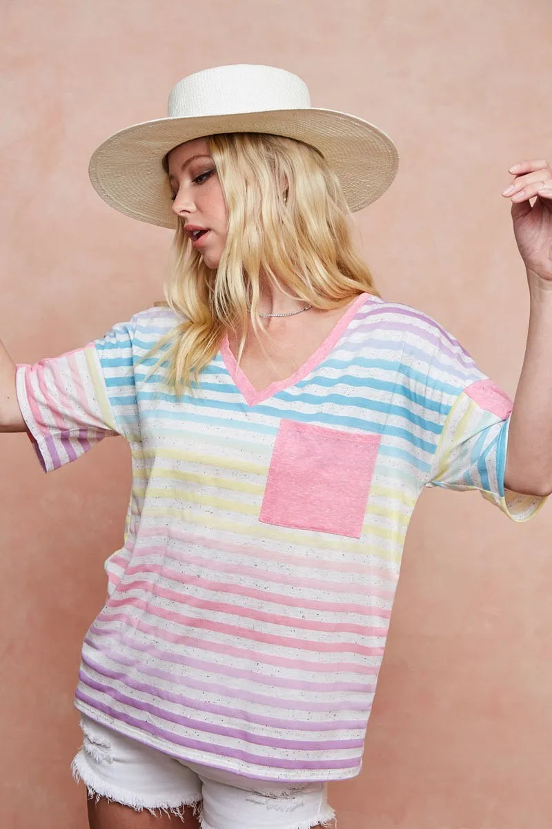 BiBi Cotton T-shirt Rainbow Stripe Printed Triblend Knit Short Sleeve Top 4ddd7c5c854d4189bb54f1638f6b5ef0-Max-Origin Trendsi