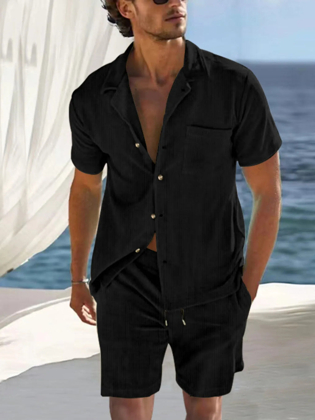 Men's Shirt and Shorts Set Short Sleeve Pocketed Outfit Two-piece Sets Black 4de449d67b76415aabf232792fb112b8-Max-Origin Trendsi