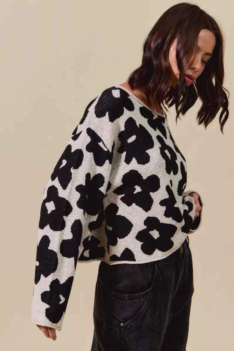 SO ME Women Sweater Floral Black Loose Fit Flower Lightweight Knit Top 4deb5c40d95f42899a06aec0fdf60fdf-Max-Origin Trendsi