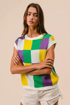 BiBi Womens Sweater Knit Top Mardi Gras Checker Pattern Sleeveless 4defcb2035d64414b2b2dc15e4855673-Max-Origin Trendsi