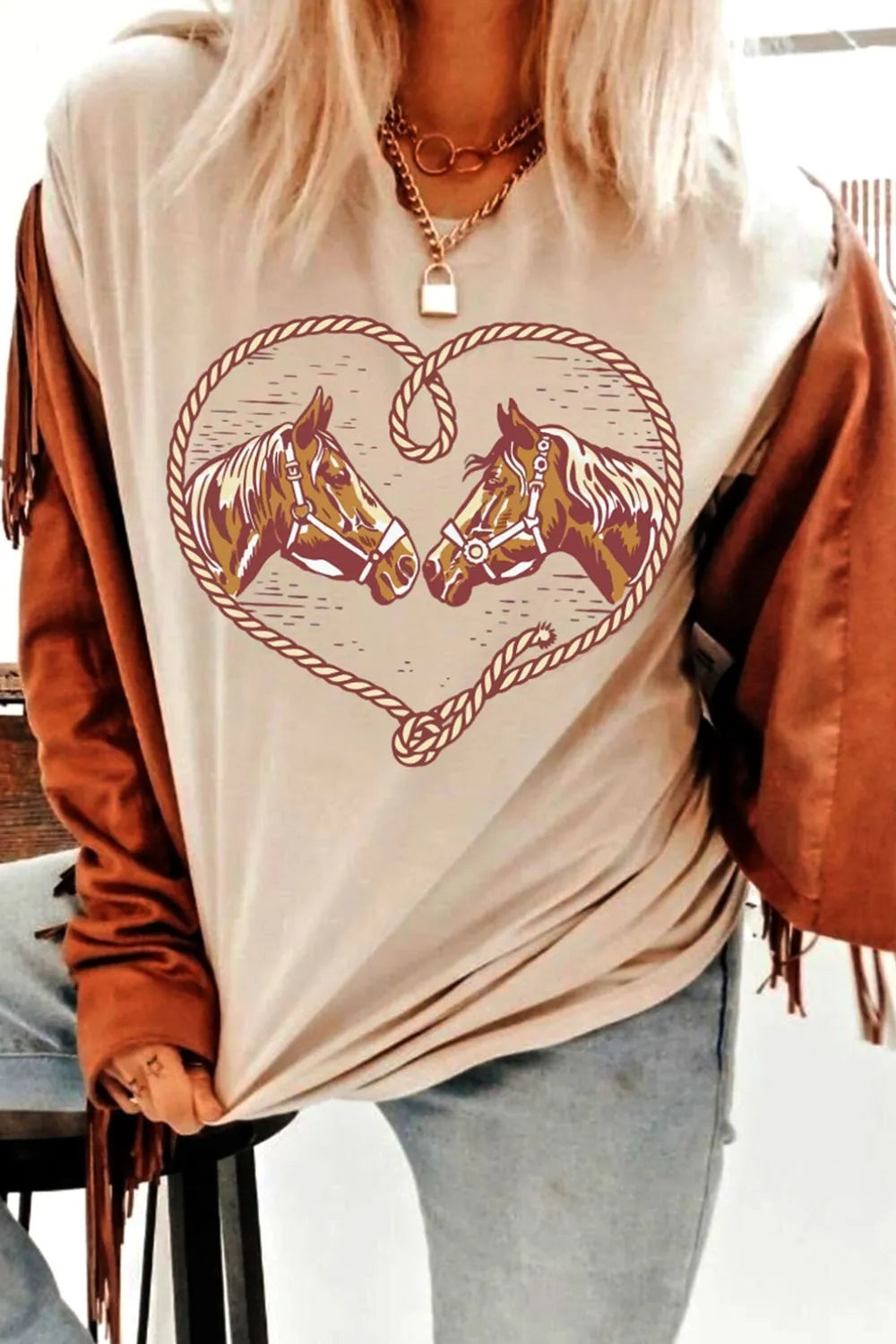 Women's T Shirt Heart Horses Rodeo Graphic Western Cowgirl Top Tees Khaki 4df5726e-1eef-4c24-b582-c997c734e4e7-Max-Origin Trendsi