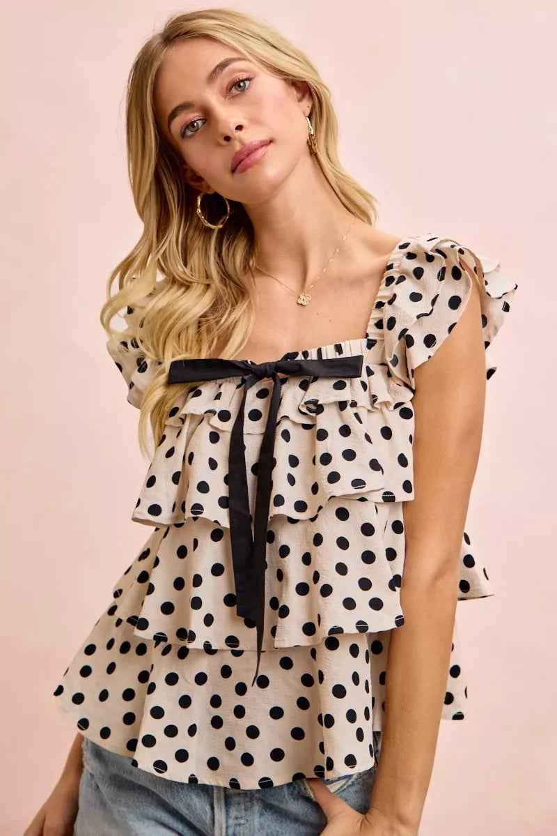 BiBi Polka Dot Ruffled Bow Tied Square Neck Sleeveless Top