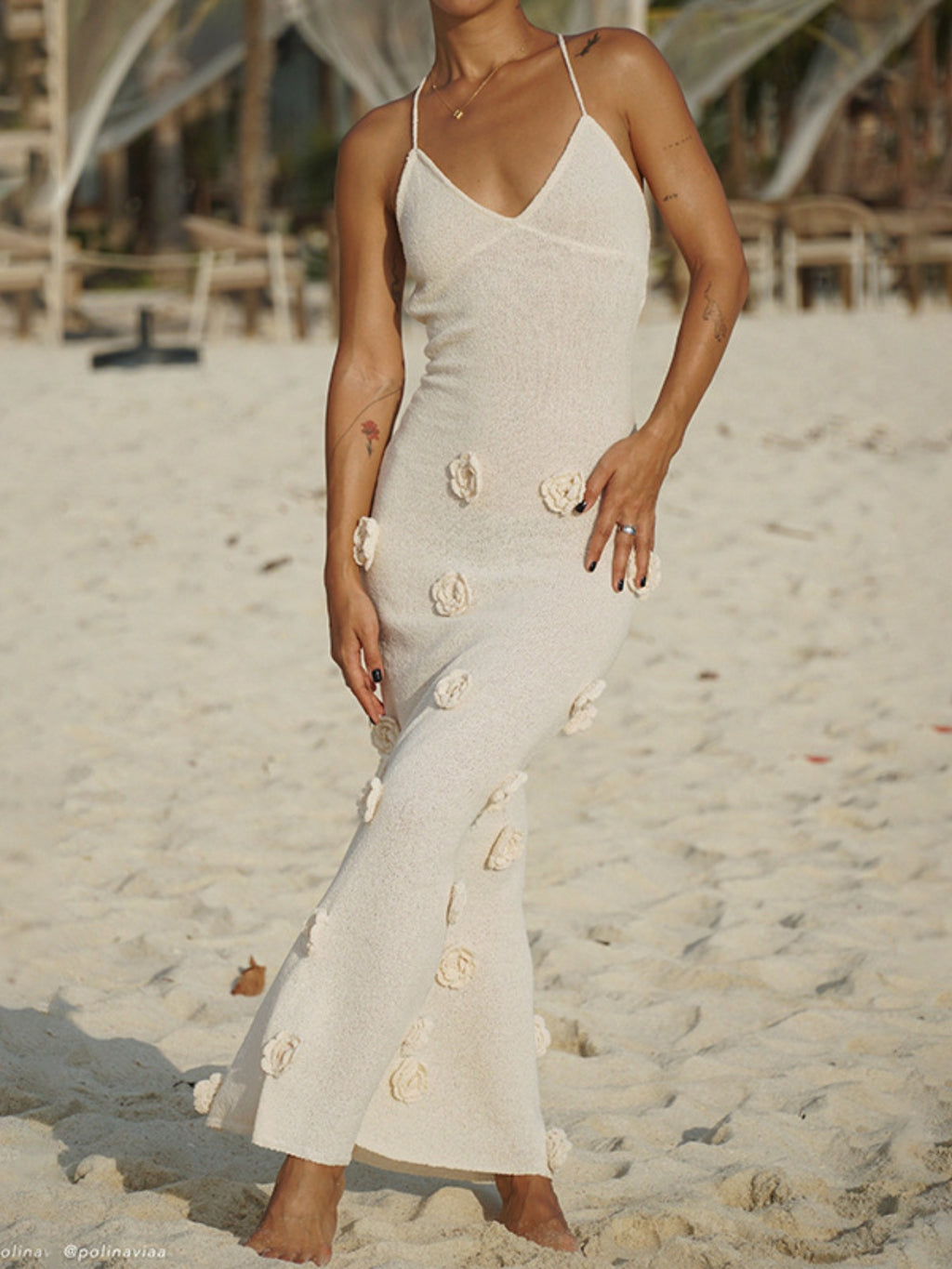 Floral Applique Knit Dress with Spaghetti Straps