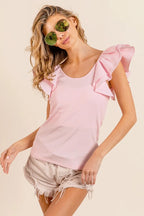 BiBi Ribbed Top Light Pink Wide Layered Ruffle Sleeve Scoop Neck Blouse 4e0212616e774ef0886b301b143ec140-Max-Origin Trendsi