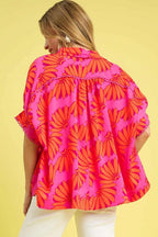 Umgee Shirt Hot Pink Floral Printed Button-Up Relaxed Short Sleeve Top 4e0607ad-1b22-4605-9662-ef76eae089ce-Max-Origin Trendsi