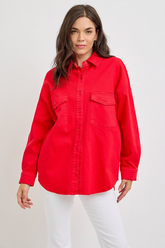 RISEN Denim Shacket Women US Collared Scarlet Long Sleeve with Chest Pockets