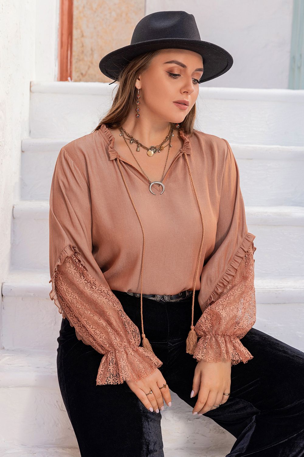 Plus Size Tie Neck Blouse with Flounce Sleeves