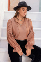 Plus Size Tie Neck Blouse with Flounce Sleeves