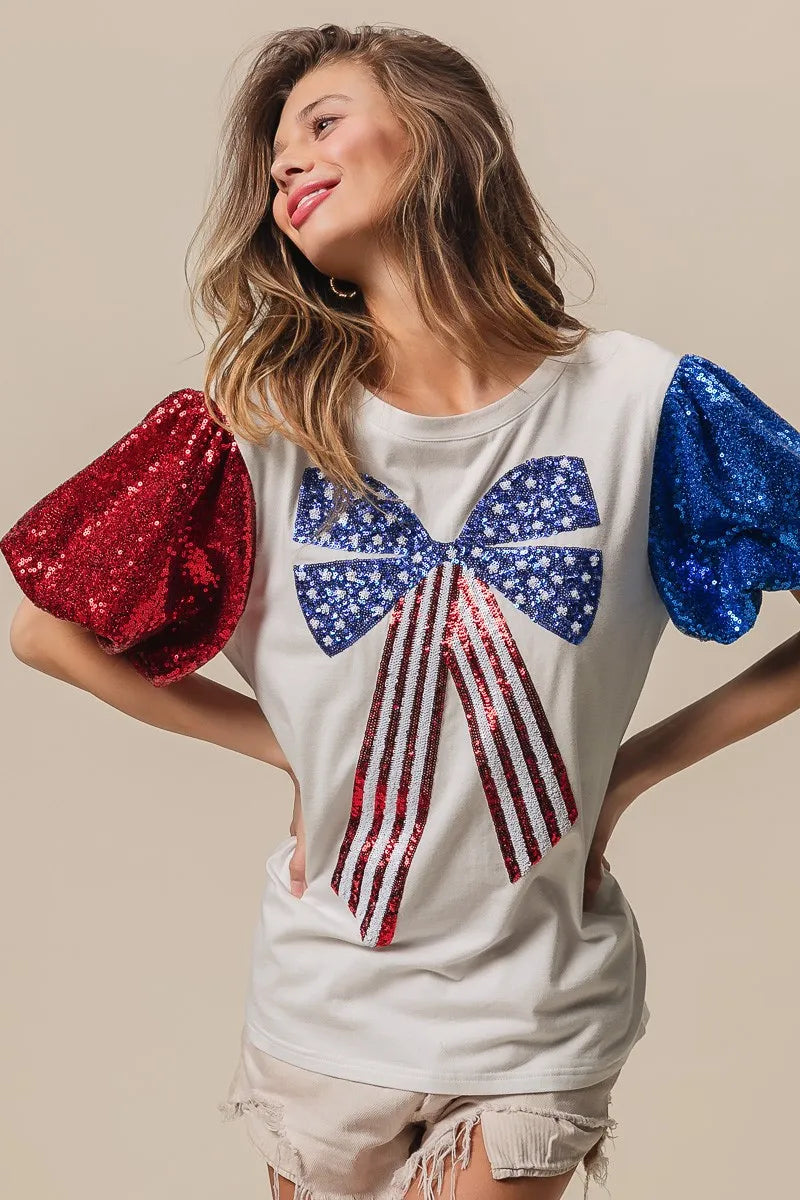 BiBi Cotton T-shirt Sequin American Flag Bow Top Short Puff Sleeve 4e12437ce68f4c388b62195c6e5775f8-Max-Origin Trendsi