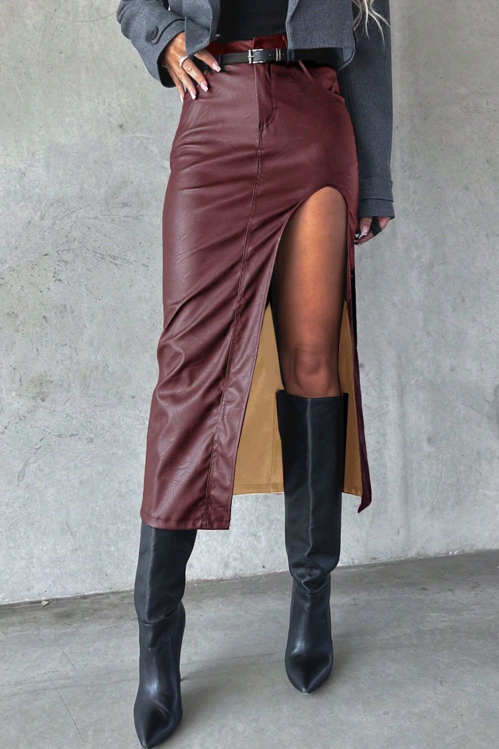 Midi Skirt Women Faux Leather Front Big Slit with Pockets