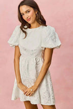 SO ME Jacquard Mini Dress White Floral Bubble Shorts Sleeves 4e18f21c96de43889094c7a99c8609d8-Max-Origin Trendsi