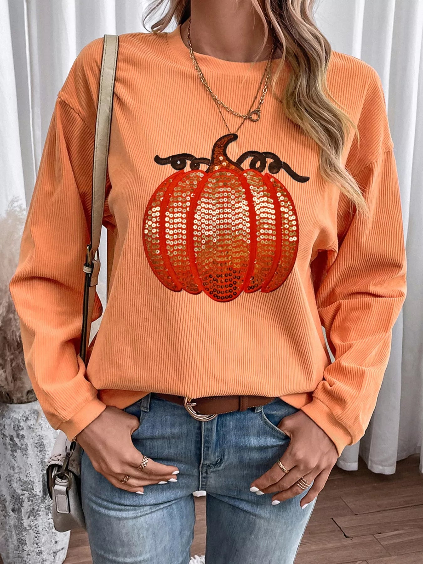 Women's Sweatshirt Halloween Sequined Pumpkin Ribbed Round Neck Top 4e1e1977-8248-40cf-96ba-a111cdcb8710-Max-Origin Trendsi