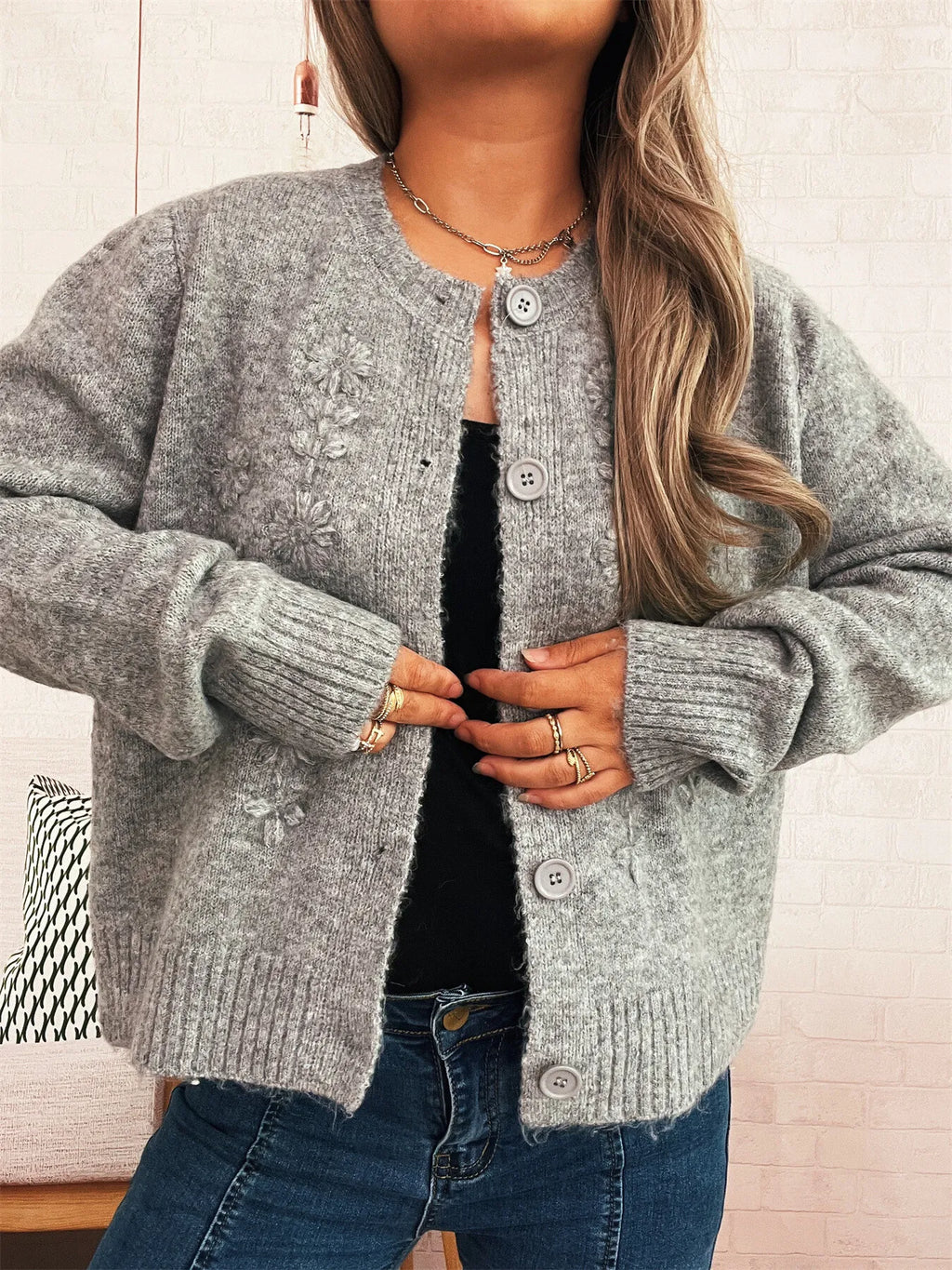 Women's Cardigan Flower Embroidered Button Up Ribbed Hem Round Neck 4e218952bbde4e9eacd131c4fe5ed0b1-Max-Origin Trendsi