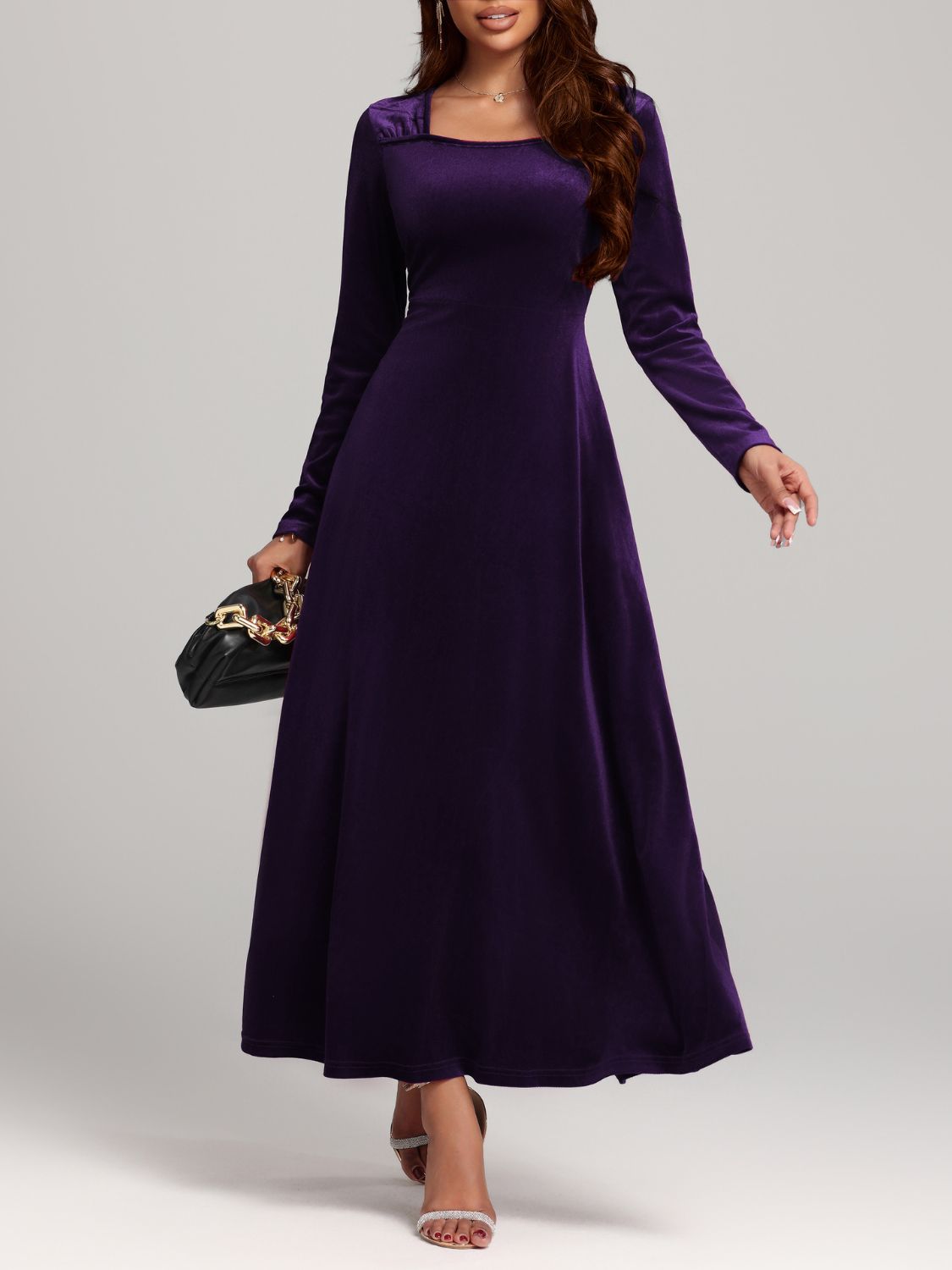 Velvet Midi Dress Square Neck Long Sleeve Women Solid Party Dress 4e21b5be-e4f0-4397-9bcf-d3a7ccf243f9-Max Trendsi