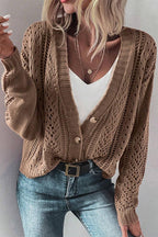 Cardigan Cotton Blend V Neck Openwork Button Up Long Sleeve 4e29795e-455f-4738-acc7-81606f502232-Max Trendsi