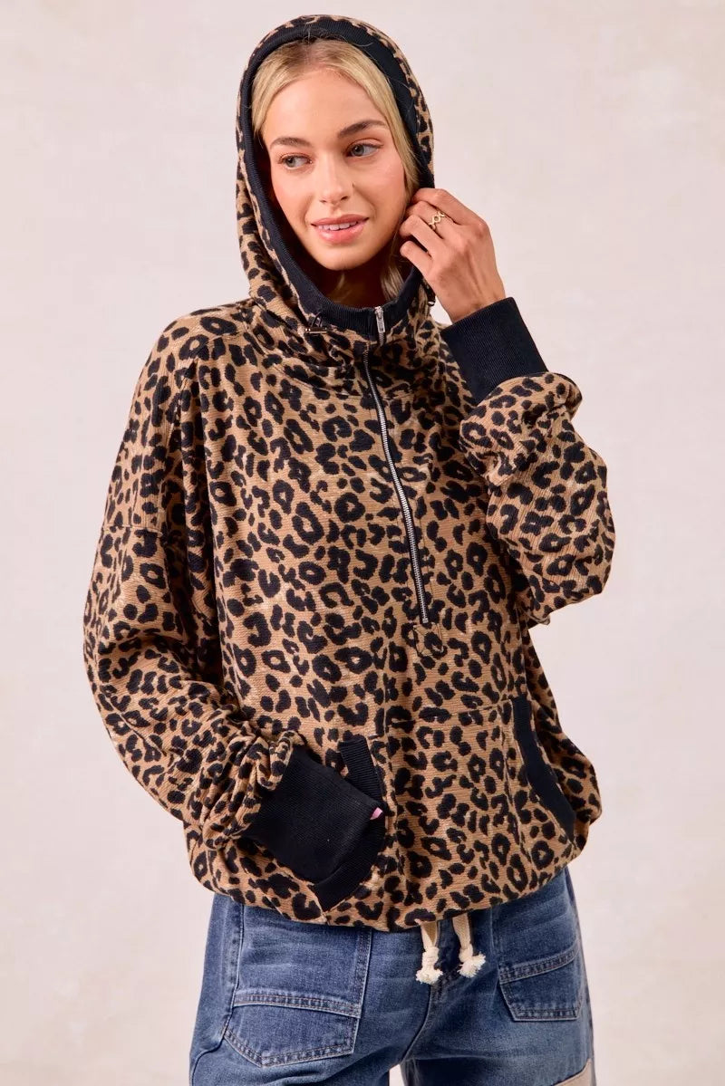 BiBi Leopard Print Hoodie Womens Waffle Half Zip Up With Pockets 4e2ec446760f4f5597e9f90e93863d58-Max-Origin Trendsi