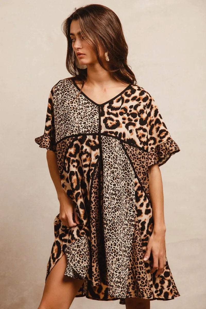BiBi Leopard Dress Mix and Match Prints Short Sleeves Oversized V Neck 4e2f6143b7c242099dab20c798029863-Max-Origin Trendsi