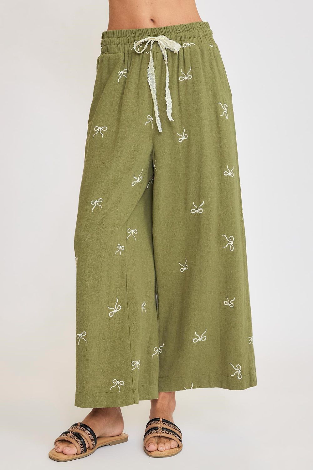 Umgee Linen Blend Pants Bow Embroidered Yellow Green Drawstring Wide Leg Yellow-Green