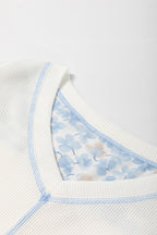 Women Blouse White Floral Blue High-Low V-Neck Long Sleeve Cotton Blend Top 4e43aaf4-7aa5-4dd1-af39-dbfb43374144-Max Trendsi