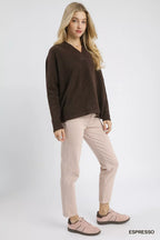 Umgee Sweater Brown V-Neck with Wide Trim Detail Ribbed Pullover 4e49731e-7bed-4270-8f43-83fc38aded1d-Max-Origin Trendsi