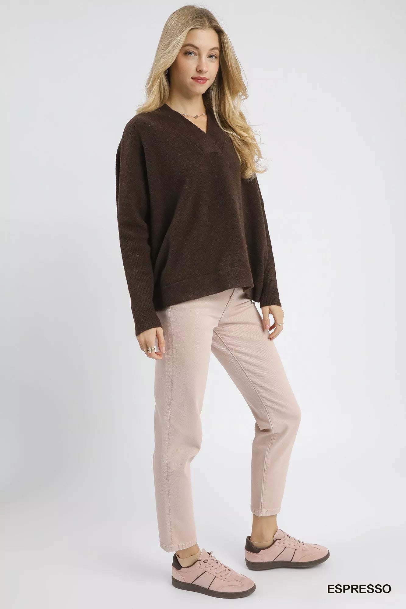 Umgee Sweater Brown V-Neck with Wide Trim Detail Ribbed Pullover