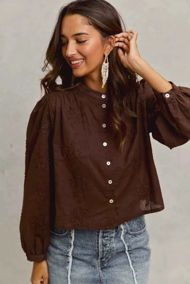 SO ME Women Shirt 3d Floral Brown Woven Cotton Long Sleeve Front Button Top 4e5c13a7d8684848b320dbfe99fb6845-Max-Origin Trendsi