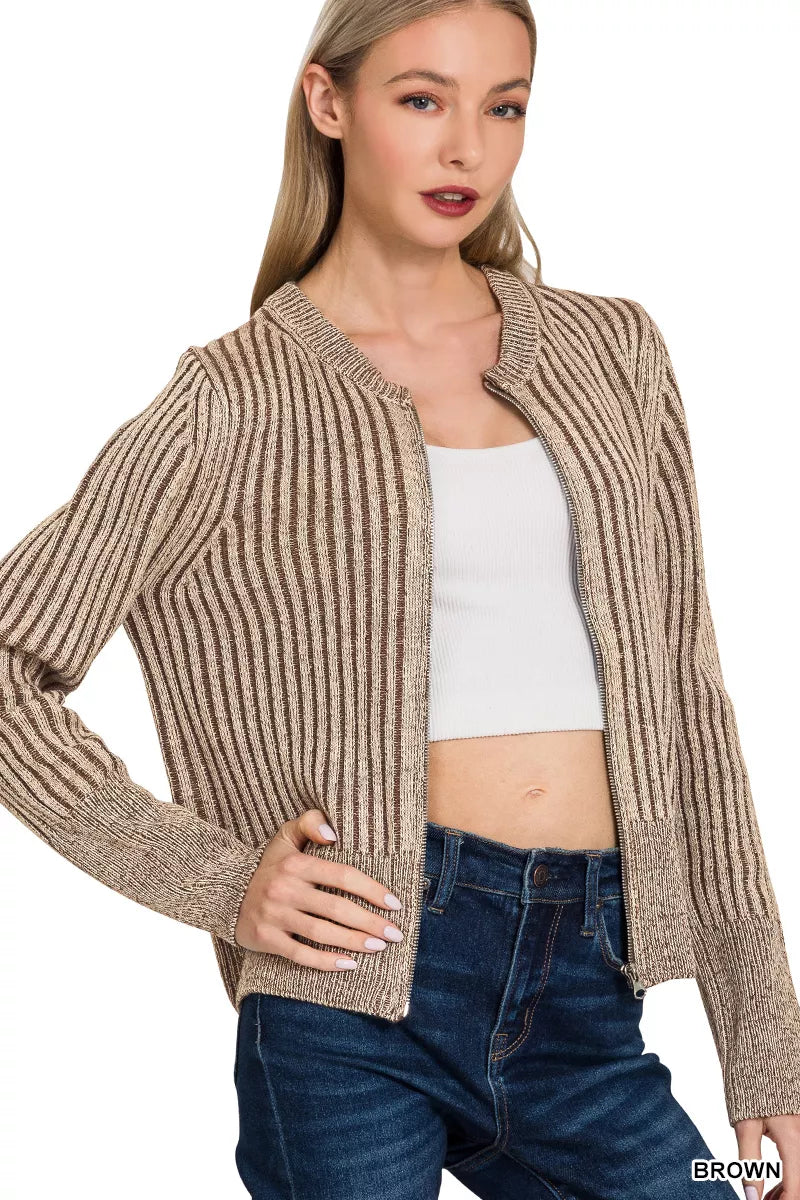 Zenana Womens Sweater Cardigan Brown Ribbed Two Tone Zip Up 4e6b29b8-ba6e-4600-b61d-6c3ddf413ce8-Max-Origin Trendsi