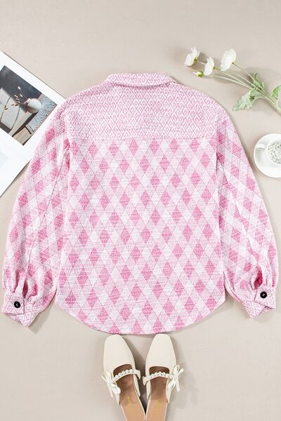 Women's Shacket Pink Geometric Print Textured Flap Pockets Long Sleeve Outwear 4e6fe535-36a4-44fa-86a6-6c8689f77c88-Min Trendsi