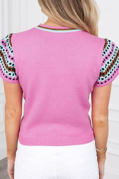 Women Knit Top Fuchsia Pink Contrast Check Short Sleeve Round Neck 4e73271c-37e2-4b11-9a6f-1257f85bf643-Min Trendsi