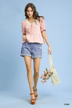 Umgee Blouse Pink Ruffled Short Sleeve Gingham Lace Peplum Smocked Top 4e7ff1c9-103a-4289-b1ed-a11deb4a07e1-Max-Origin Trendsi