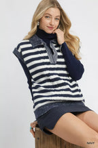 Umgee Womens Striped Vest Sweater Navy Cable Knit Collared 4e82d1b5-8c3d-45c4-9914-de9a43a198ff-Max-Origin Trendsi