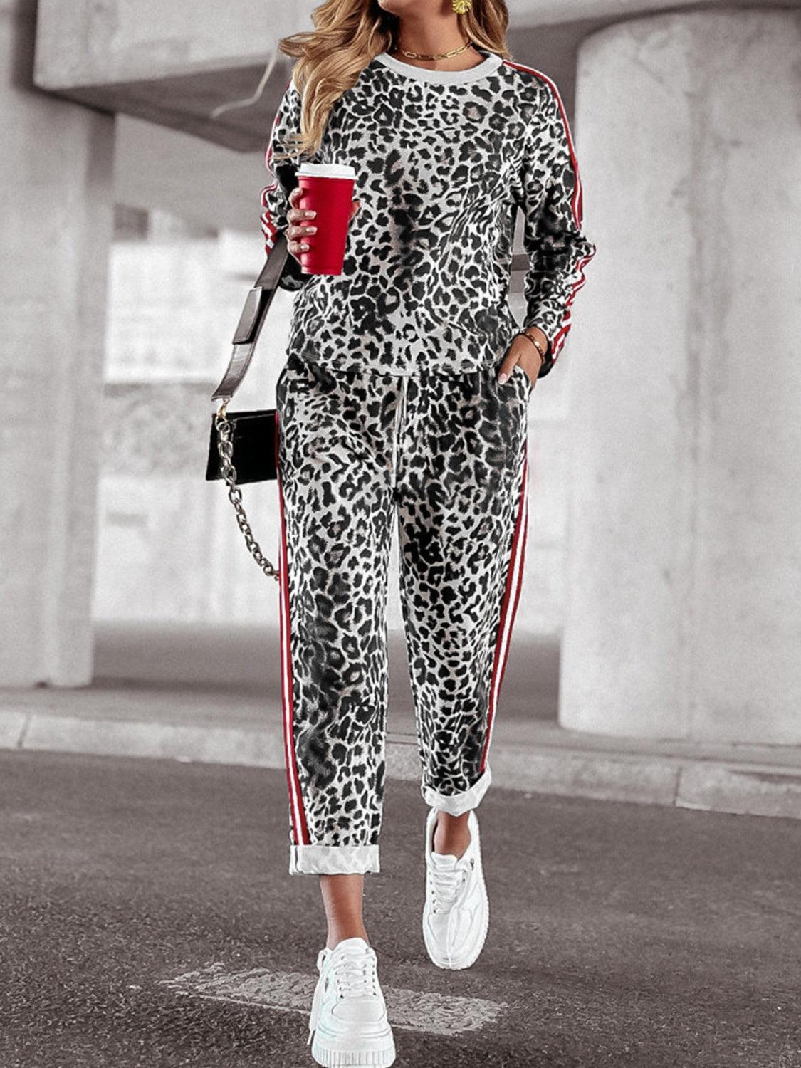 Leopard Outfit Set YO Fashionable Round Neck Long Sleeve Top and Pants Set