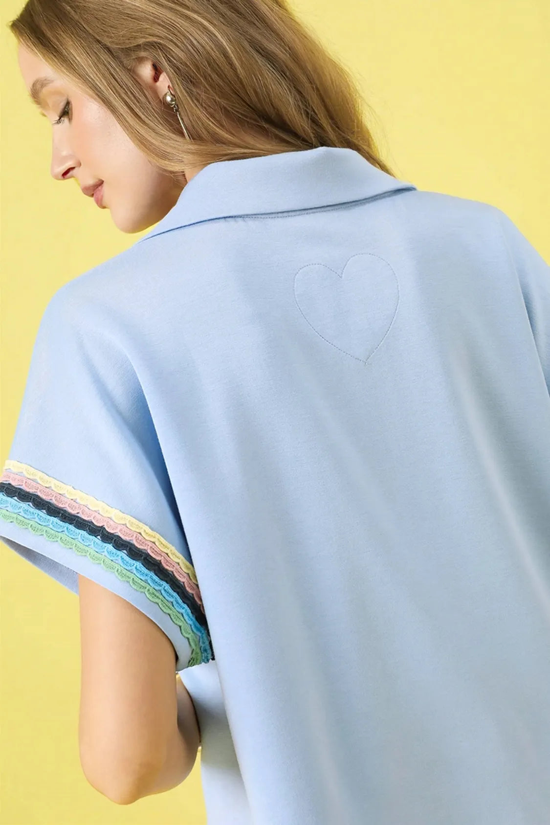 Umgee Blouse Ice Blue Contrast Trim Half Zip Collared Short Sleeve Top 4e865b3c-a397-43df-a9f3-994b9aa52063-Max-Origin Trendsi