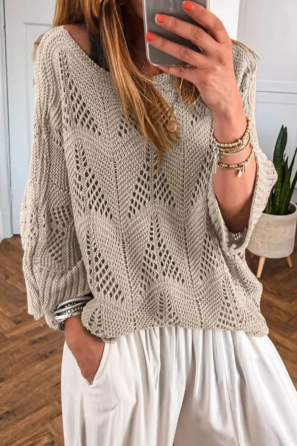 Women's Knit Top Openwork Round Neck Long Sleeve Oversized Pullover 4e92837f-23e5-4728-870e-1dc52f04a88a-Max-Origin Trendsi